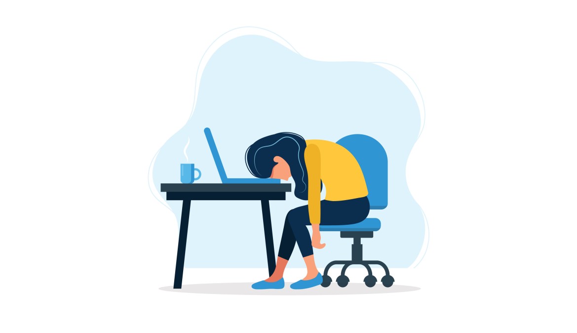 exhausted worker at laptop cartoon