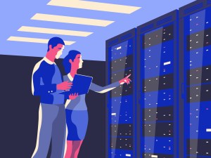 two people standing by a mainframe cartoon