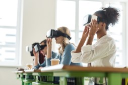 Students wearing VR headsets in a classroom