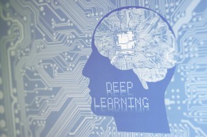 brain on circuit board with words "deep learning'