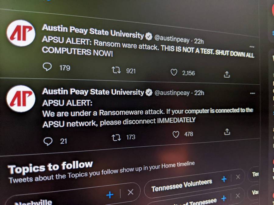 Austin Peay State University ransomware attack tweet