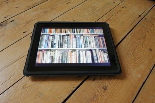 tablet showing image of bookshelf