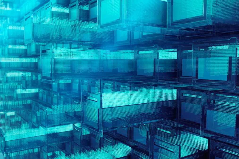 Digital holographic blue transparent drawer with data inside.